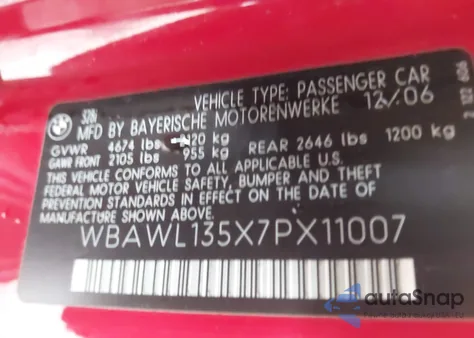 2007 BMW 328I z USA, uszkodzony, nr VIN WBAWL135X7PX11007